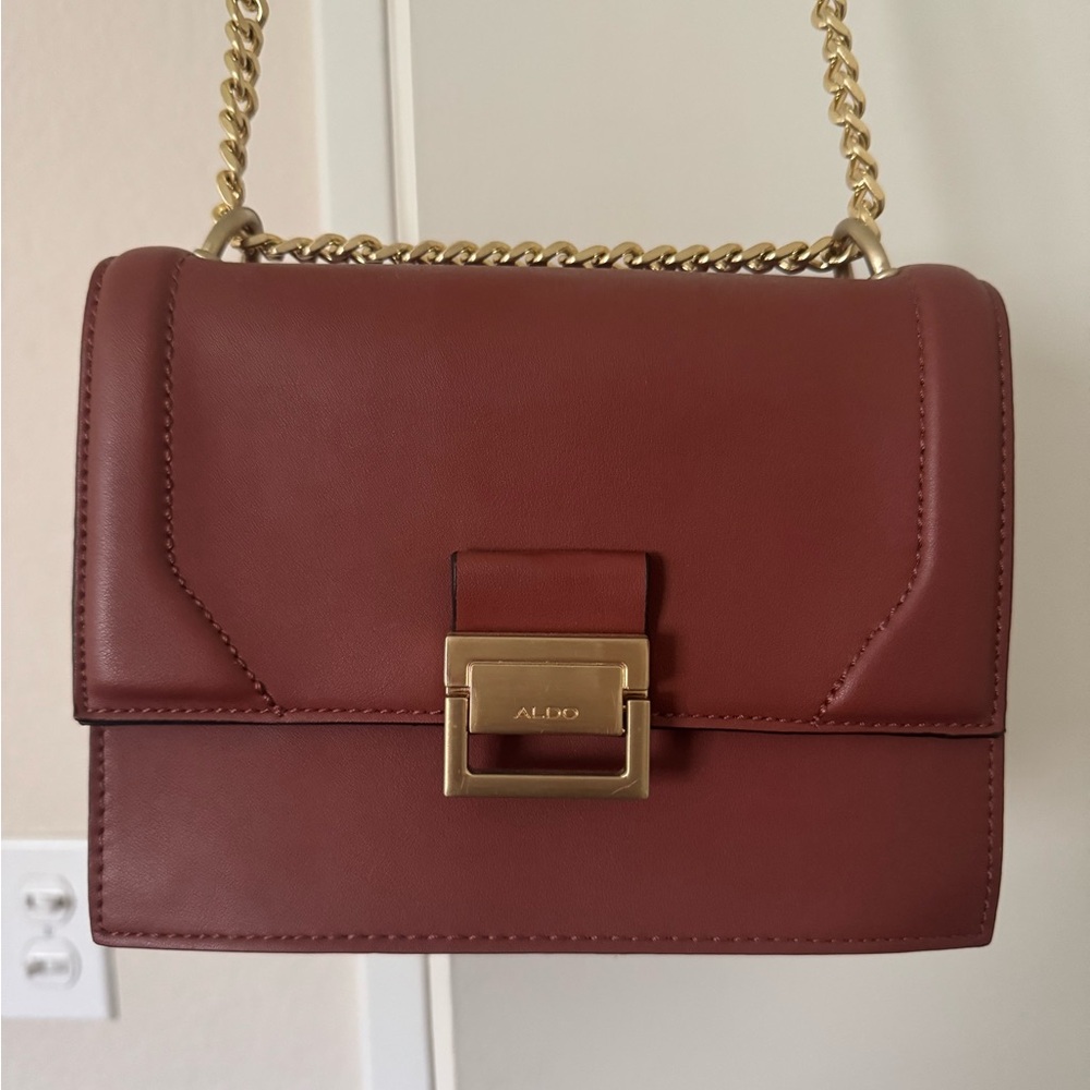 Aldo Tan Leather Shoulder Bag with Gold Chain
